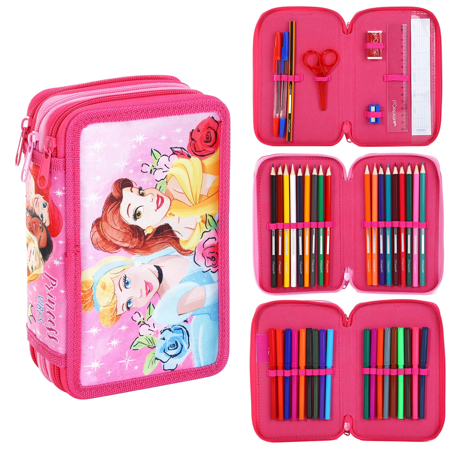 Princess Style Jumbo Pencil Case & Stationery Set with 3 Zip Divider