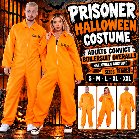 Adults Halloween Prisoner Convict BoilerSuit Overalls Fancy Dress Costume