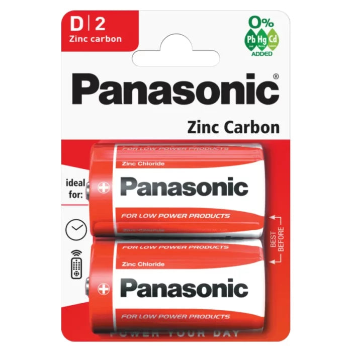 2x Panasonic D Batteries Zinc Carbon R20 1.5V Battery PANAR20RB2 A