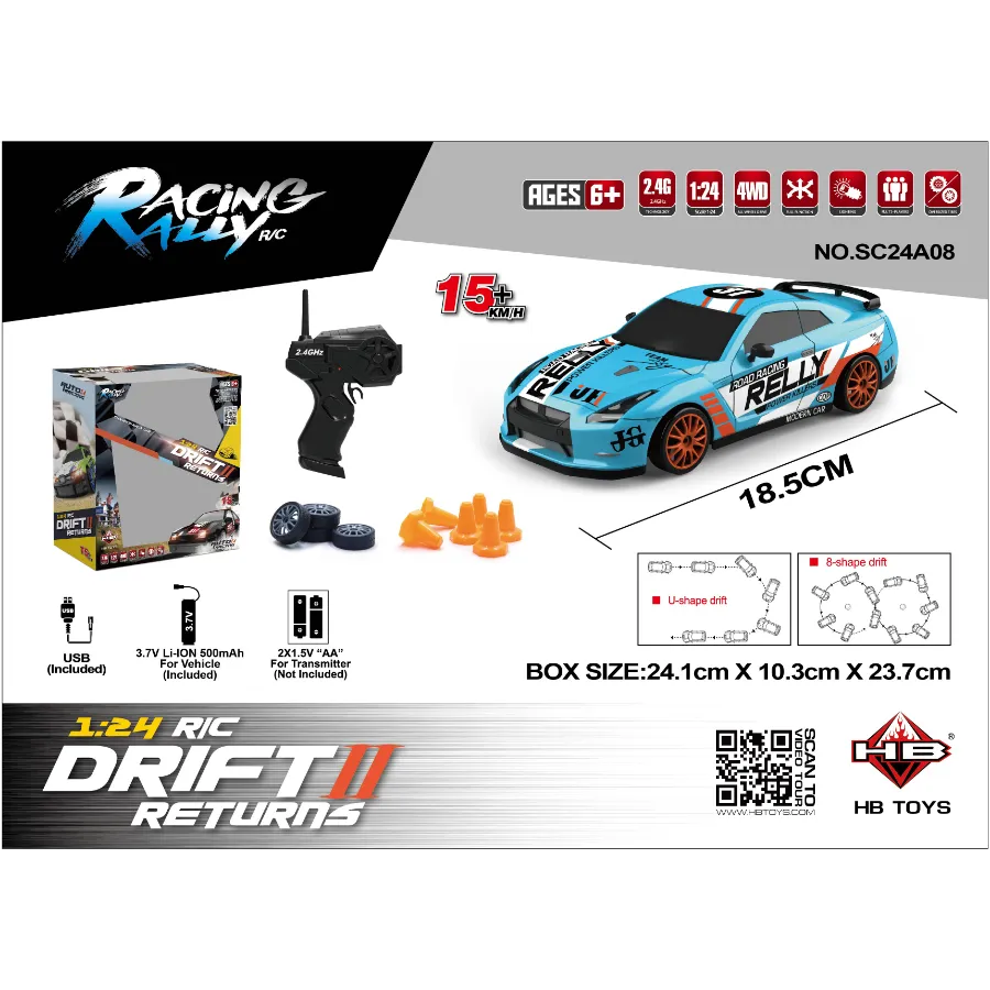 Remote Control Drift Rally Car with Accessories 1:24 15KM/H 2.4G 4WD RC Car with Controller