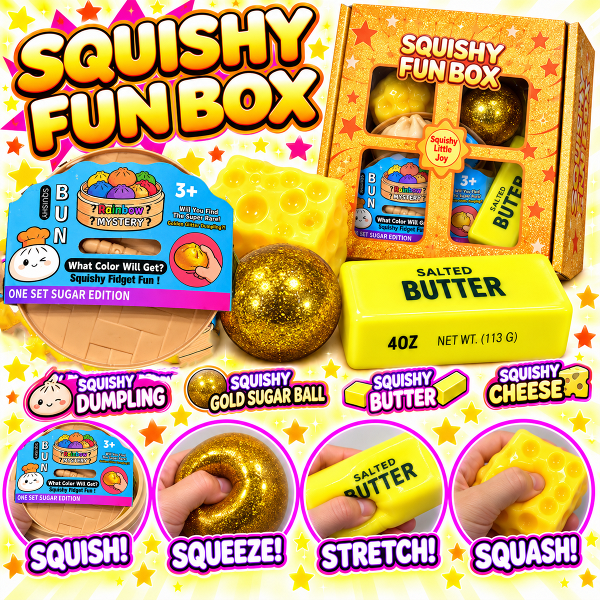 Gold Edition Squishy Fun Box - 4 Piece Squishy Sensory Fidget Toy Box