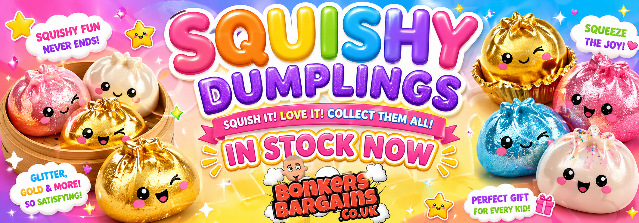Promotional banner for Squishy Dumplings with colorful dumplings and text on a bright background.