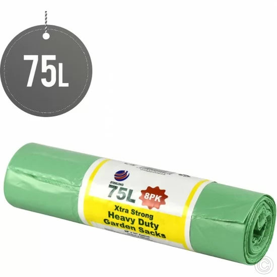 Heavy Duty Green Garden Waste Bin Bag Sacks 75L Roll of 8 ST22098