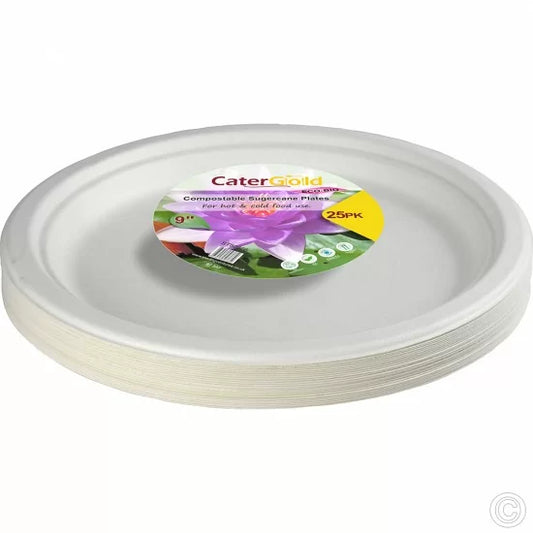 Disposable Compostable Eco – Bio Bagasse Sugarcane Plates 9" Pack Of 25