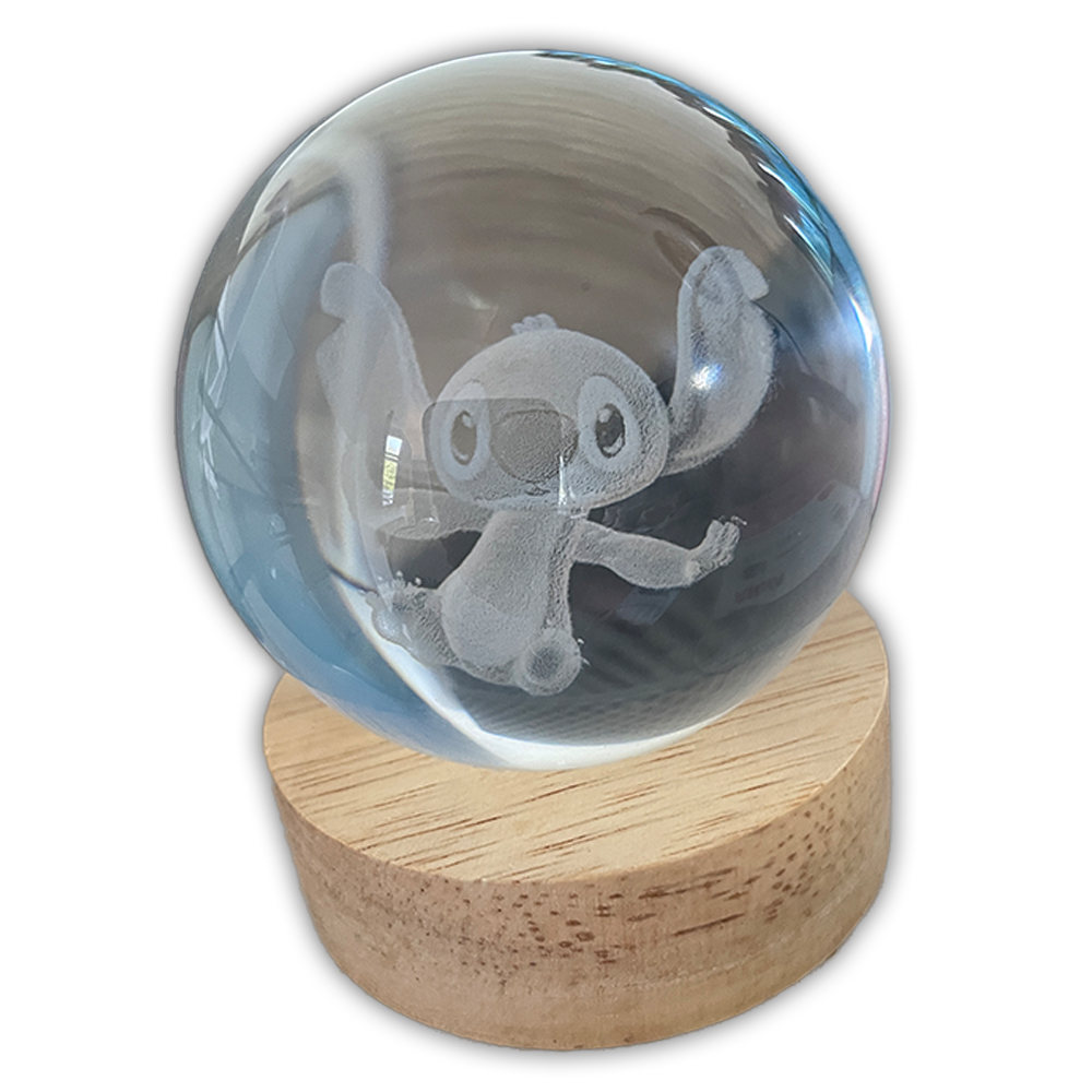 Stitch Style Crystal Ball Glass USB Nightlight with Carved Wooden Base