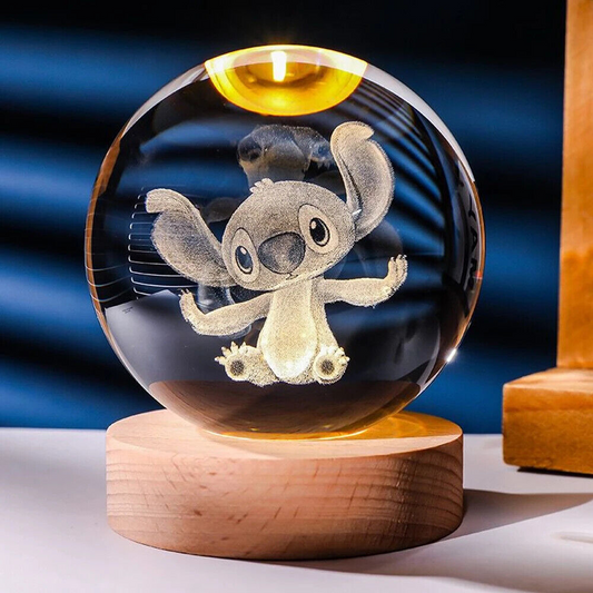 Stitch Style Crystal Ball Glass USB Nightlight with Carved Wooden Base