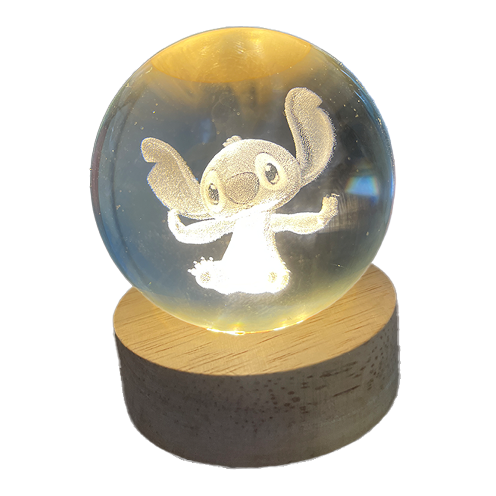 Stitch Style Crystal Ball Glass USB Nightlight with Carved Wooden Base