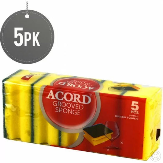 Accord Yellow Double Sided Grooved Kitchen Washing Up Sponge Scourer Pack Of 5