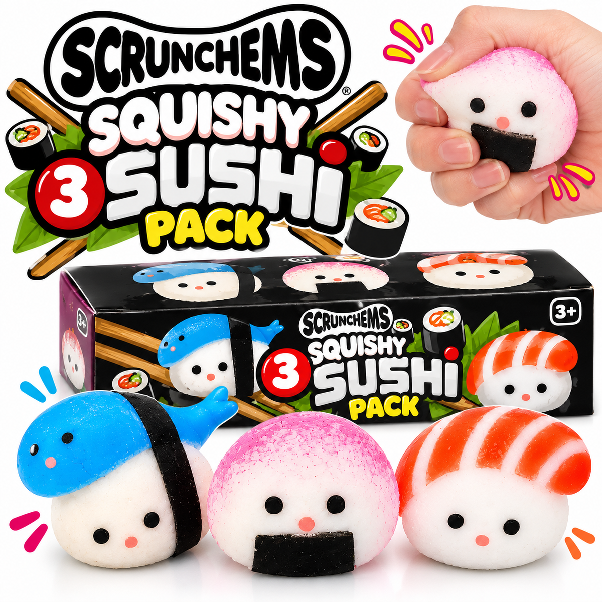 Scrunchems Squishy Sushi 3 Pack - Fidget Sensory ASMR Squish Toy