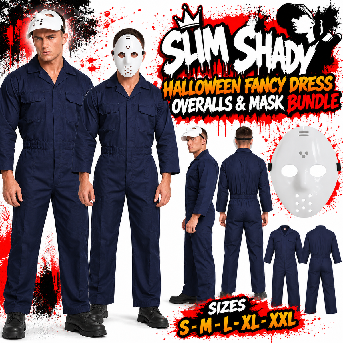 Men's Slim Shady Style Halloween Fancy Dress Costume Boiler Suit Overalls & Mask Bundle