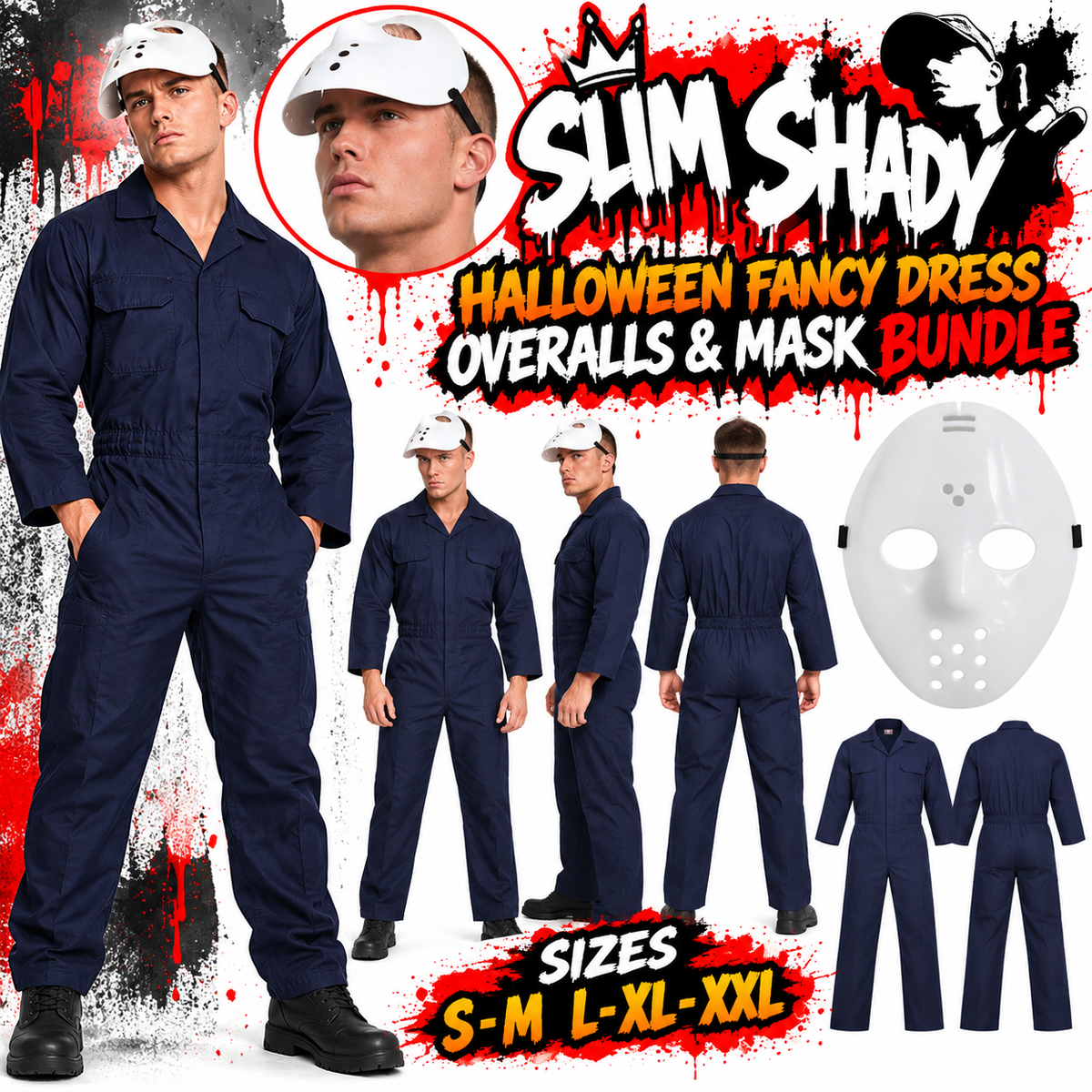 Men's Slim Shady Style Halloween Fancy Dress Costume Boiler Suit Overalls & Mask Bundle