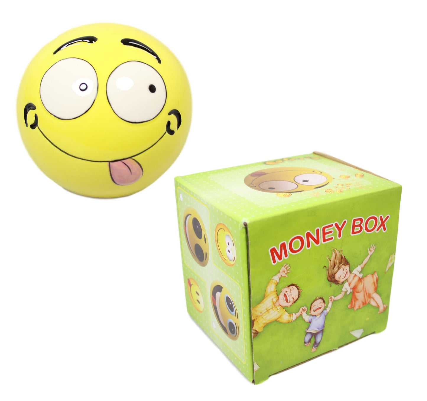 Children's Round Yellow Smiley Face Ceramic Money Box Piggy Bank Assorted Designs 5560