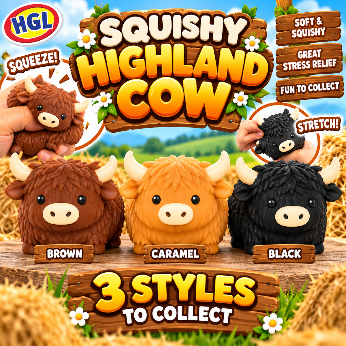 Squishy Highland Cow Fidget Squish Sensory Toy - 3 Colours