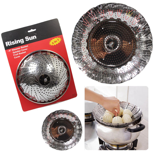 Vegetable Steamer Food Basket Bowl Cooker Strainer Stainless Folding Mesh Dish 9''