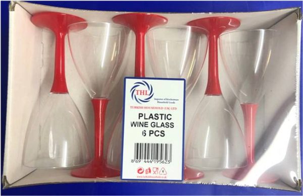 Plastic Wine Glasses with Red Stem Handle 15 x 7 cm THL9562