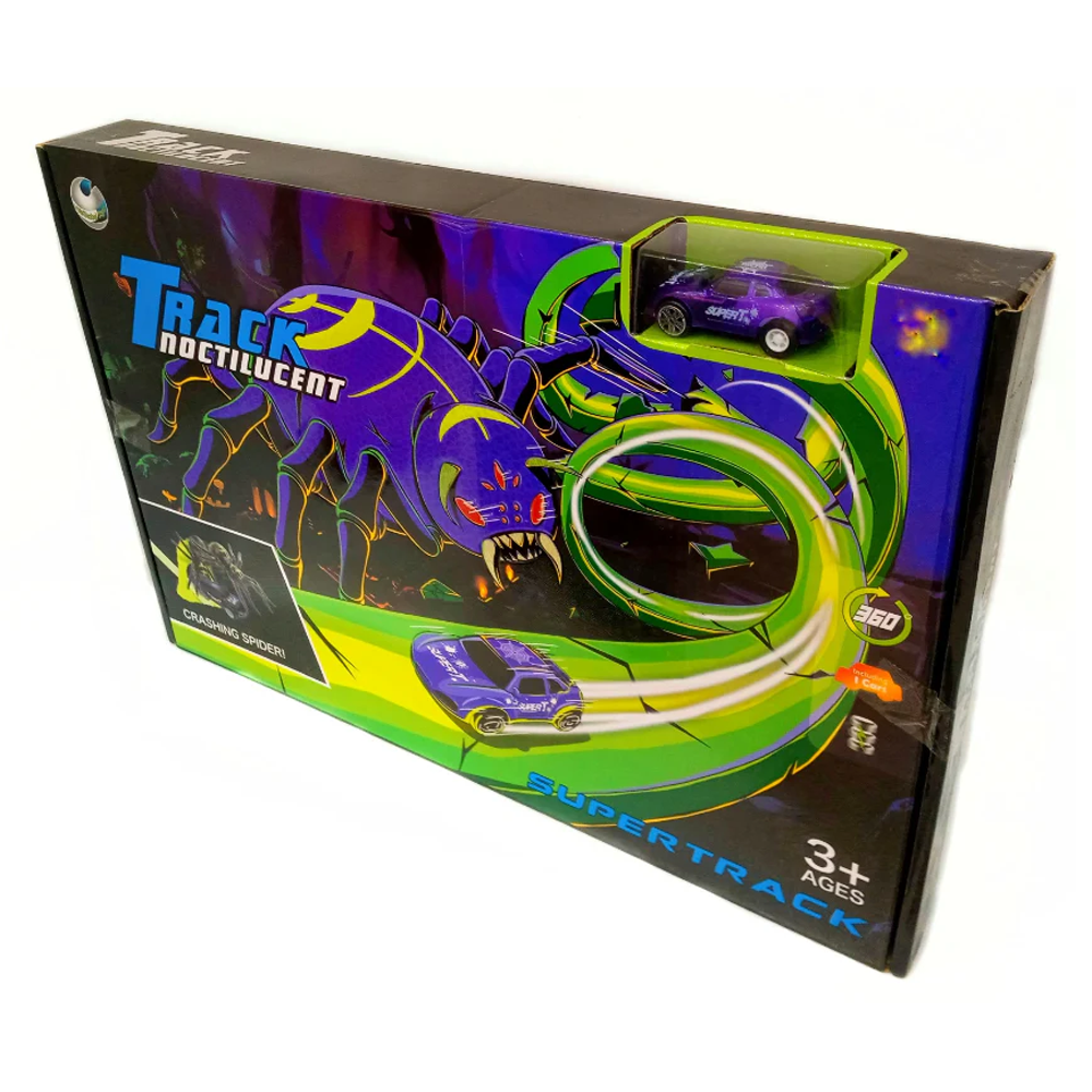 Track Noctilucent Supertrack 360 Including 1 Car And Crashing Spider Toy Car Track Playset