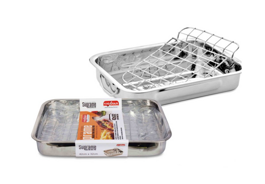 Stainless Steel Roasting Lasagne Tray Grill Pan with Handless and Rack 42 x 32 cm TS34612 / 31746