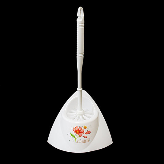 White Plastic Corner Toilet Brush With Stand Floral Print