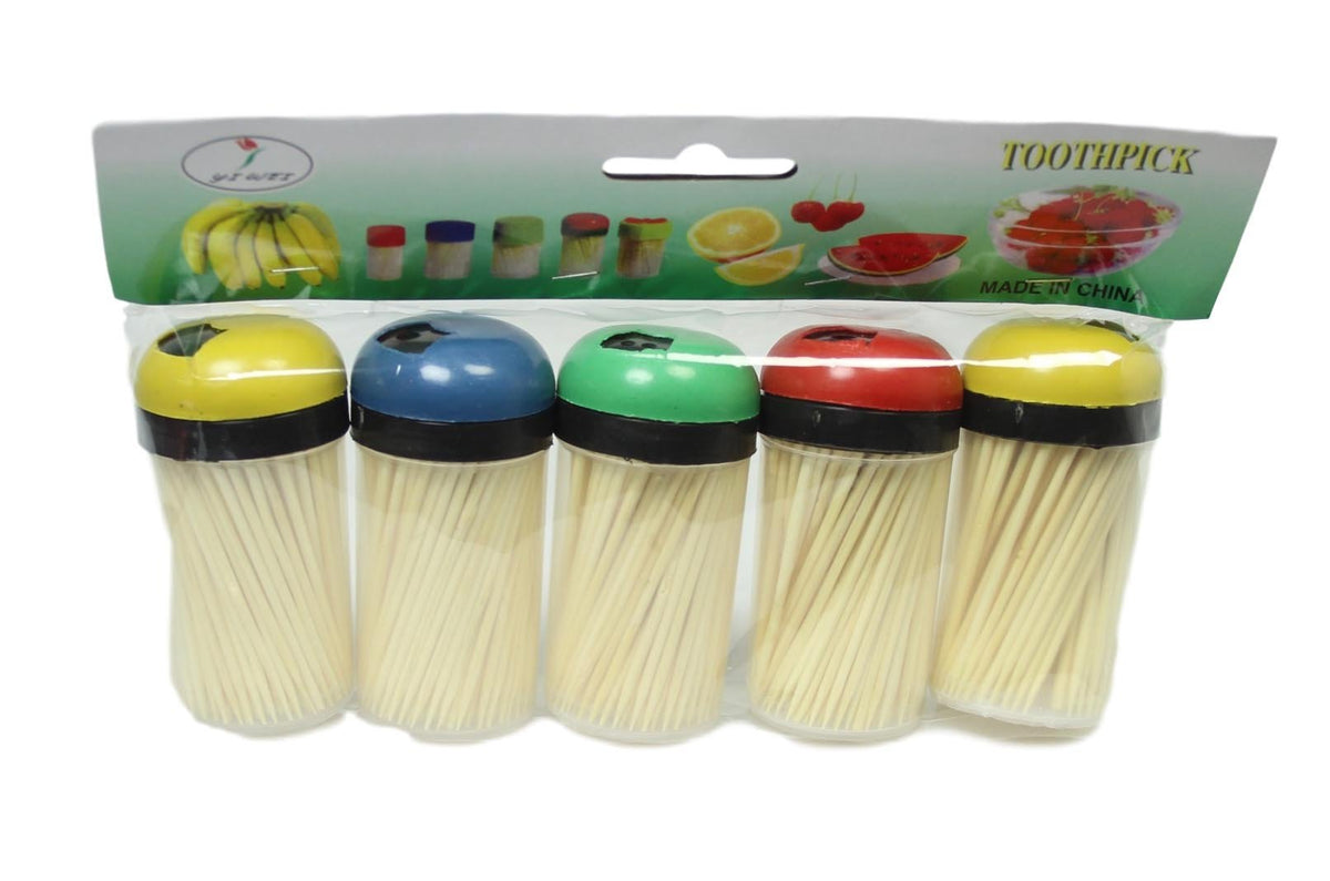 Plastic Toothpick Holder With Toothpicks Pack Of 5 Assorted Colours