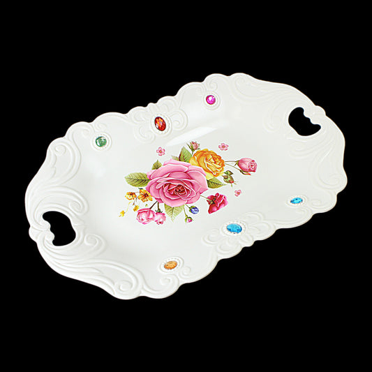 Plastic Jewelled Serving Tray With Handles And Printed Design Assorted Designs