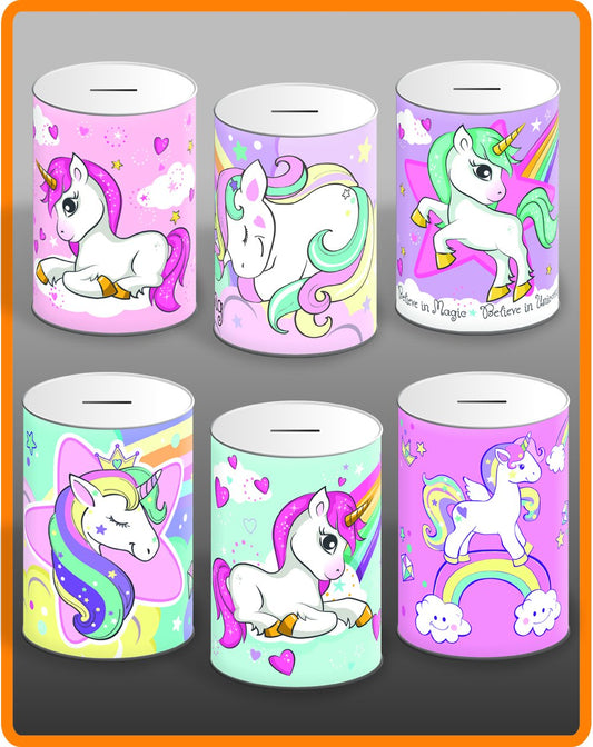 6 Assorted Styles Unicorn Money Tin 145mm x 110mm UNI001