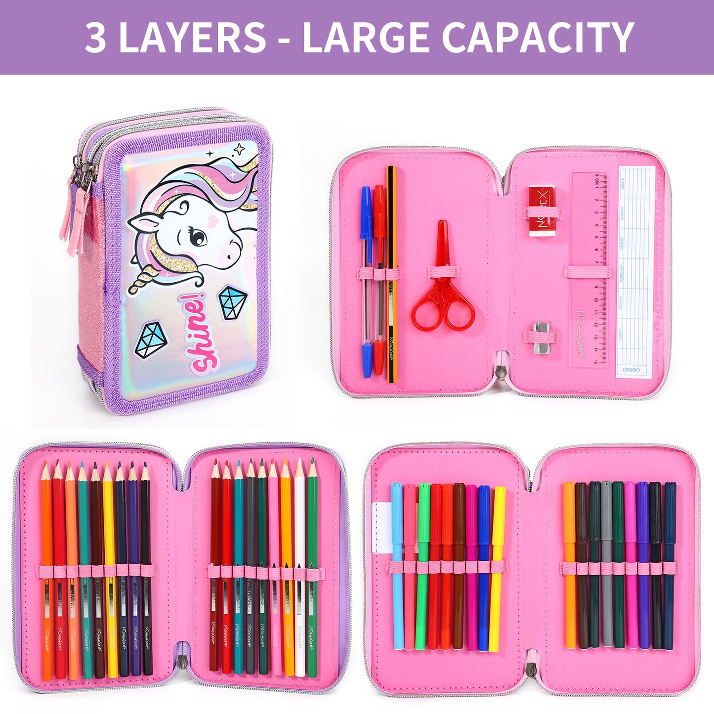 Unicorn Style Jumbo Pencil Case & Stationery Set with 3 Zip Divider