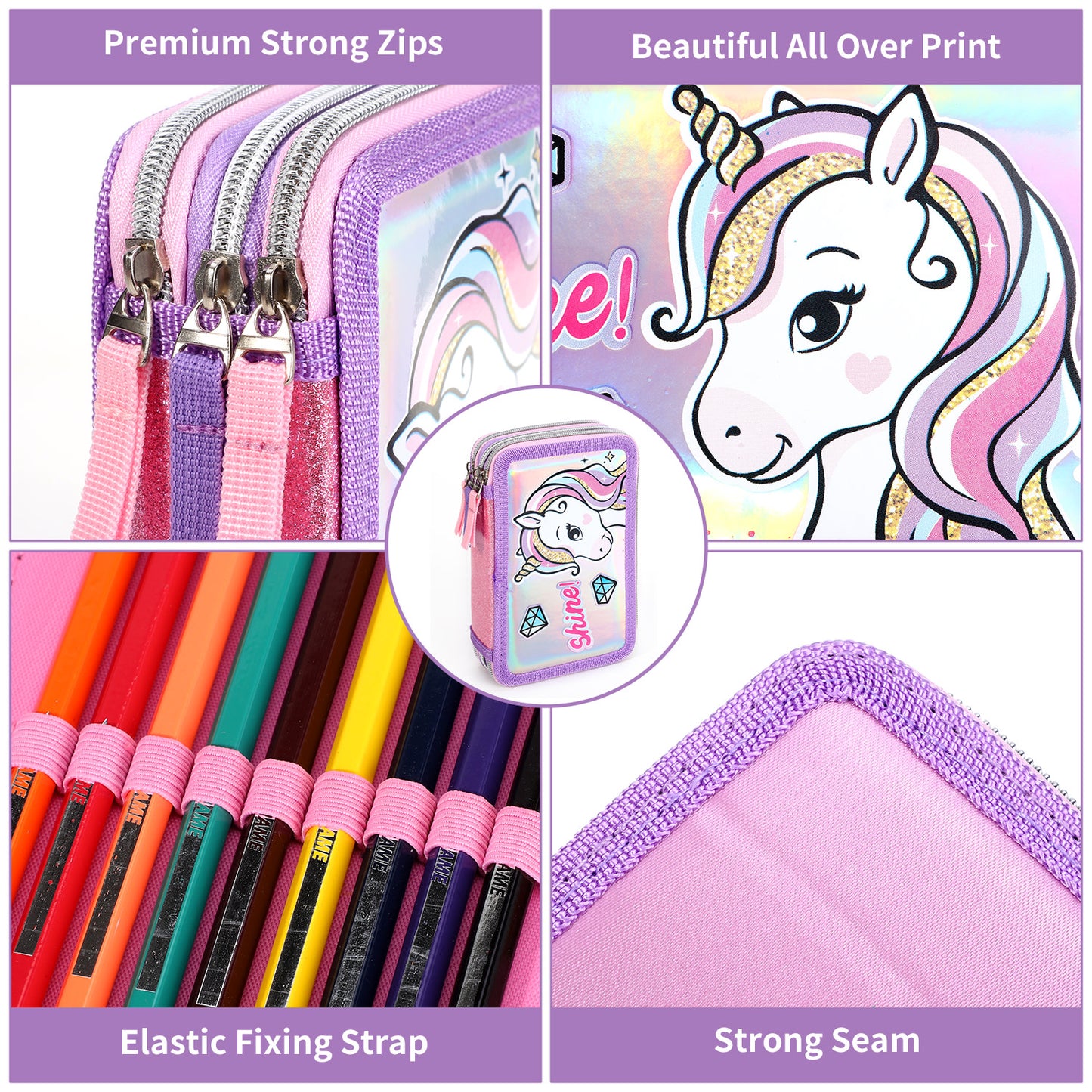 Unicorn Style Jumbo Pencil Case & Stationery Set with 3 Zip Divider