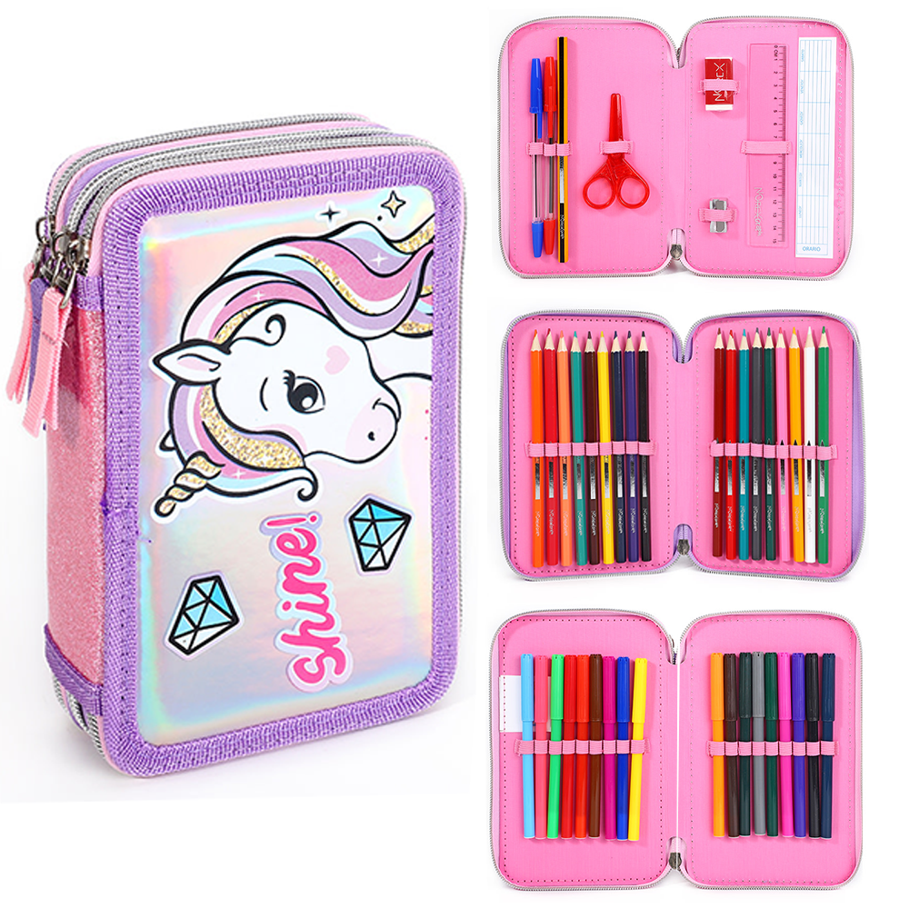 Unicorn Style Jumbo Pencil Case & Stationery Set with 3 Zip Divider