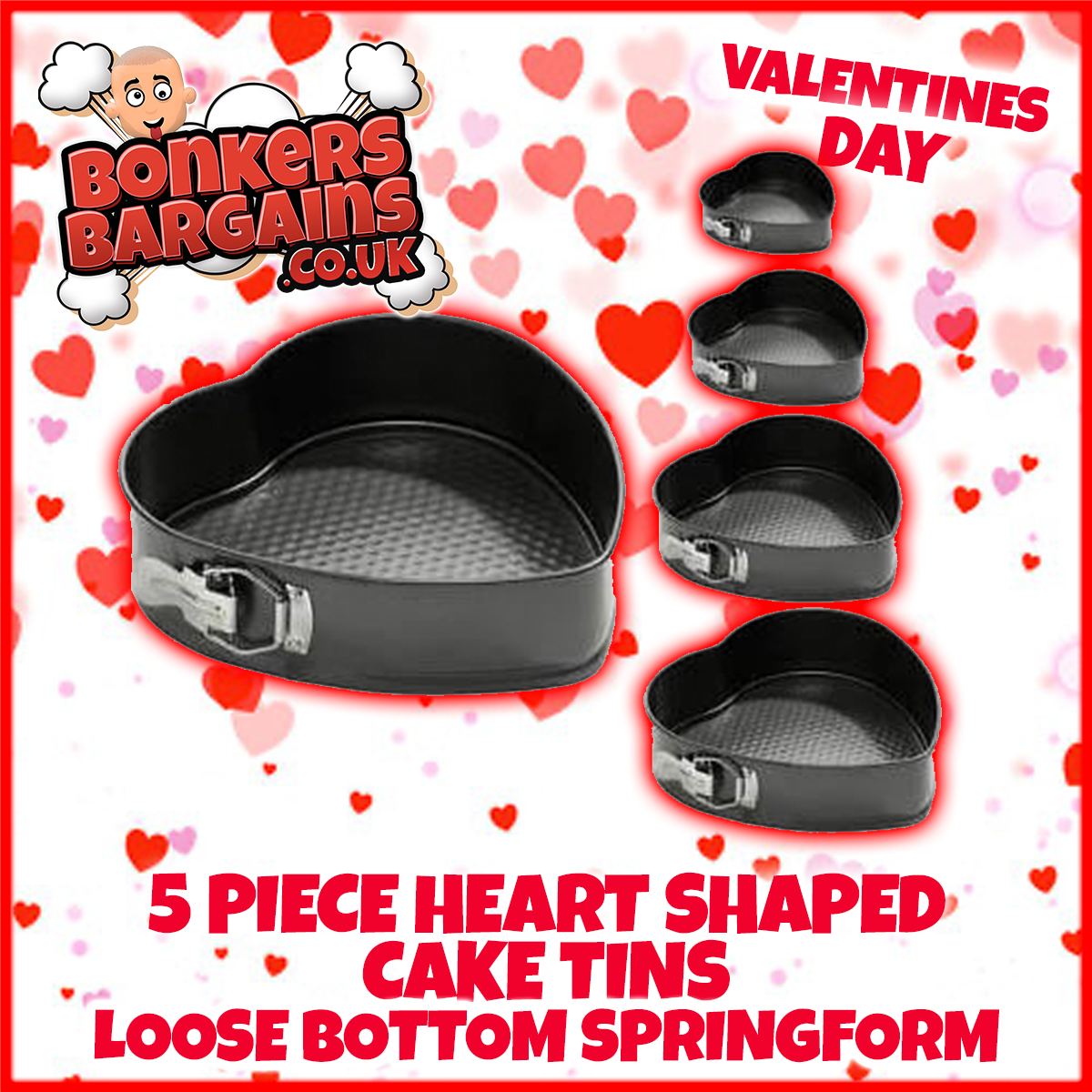 5 Piece Valentines Classic Heart Shaped Loose Bottom Springform Cake Tins 18/20/24/26cm 3581