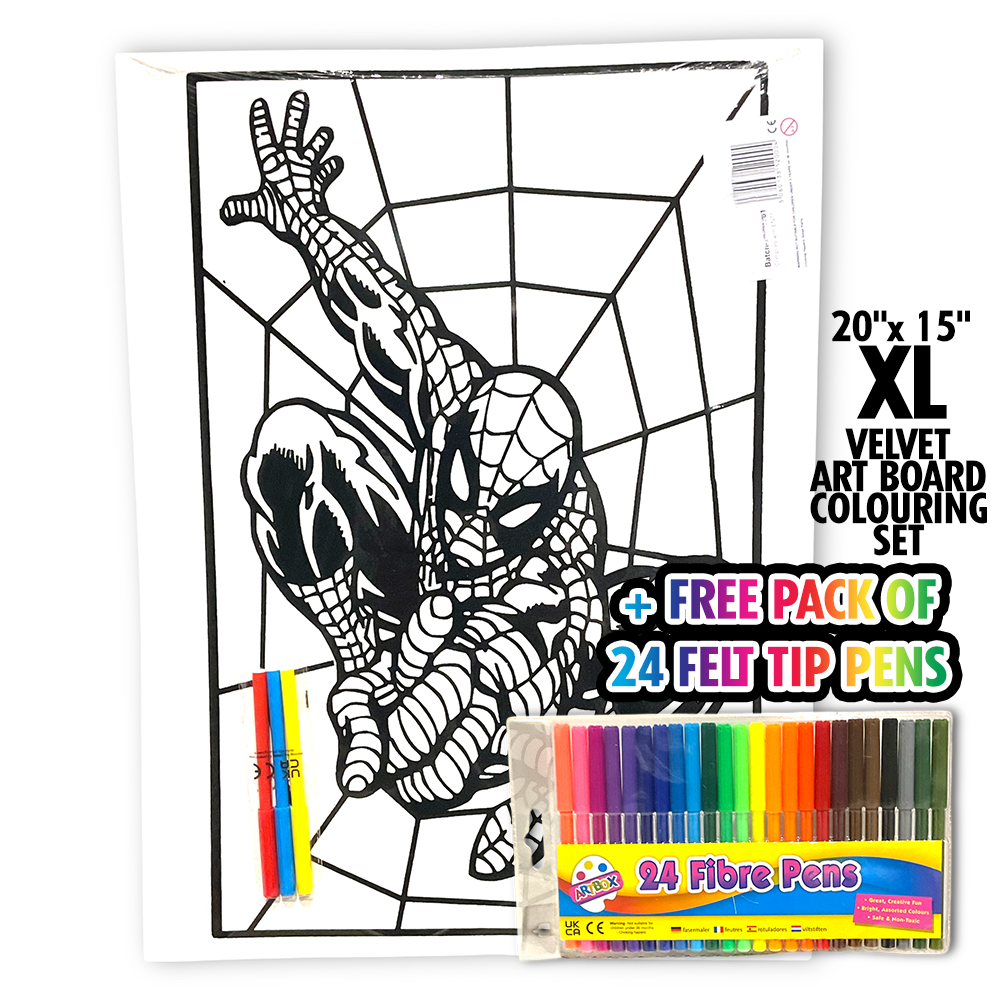 Spiderman Giant XL Velvet Art Board Set + Free 24 Pack of Felt Tip Pens
