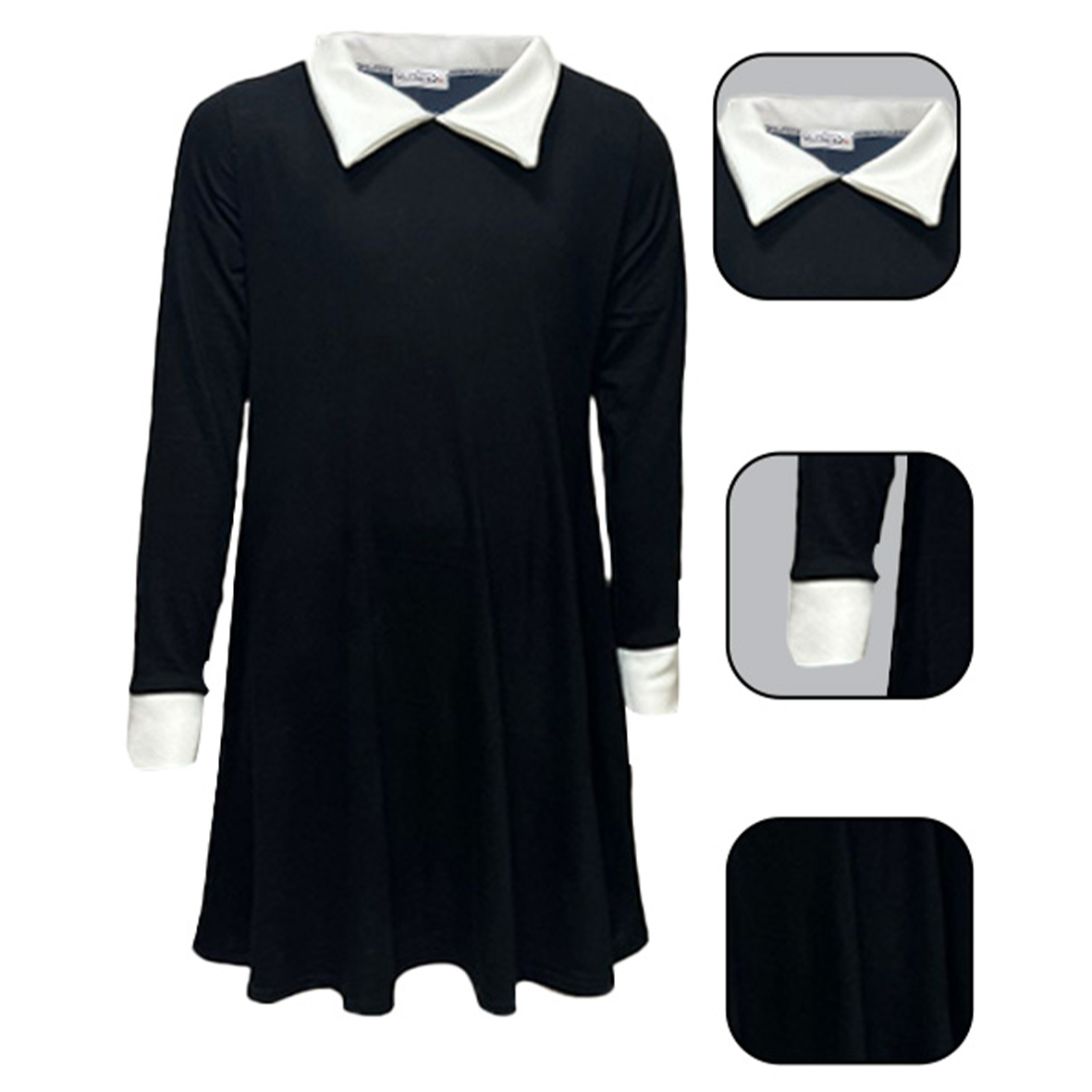 Wednesday Adams Style Gothic School Girl Plain Swing Fancy Dress Costume