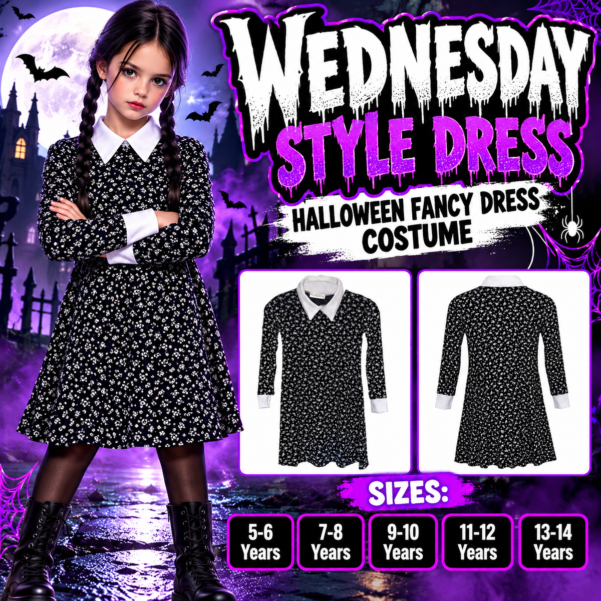Wednesday-style Halloween dress promotional image with advertised age sizes