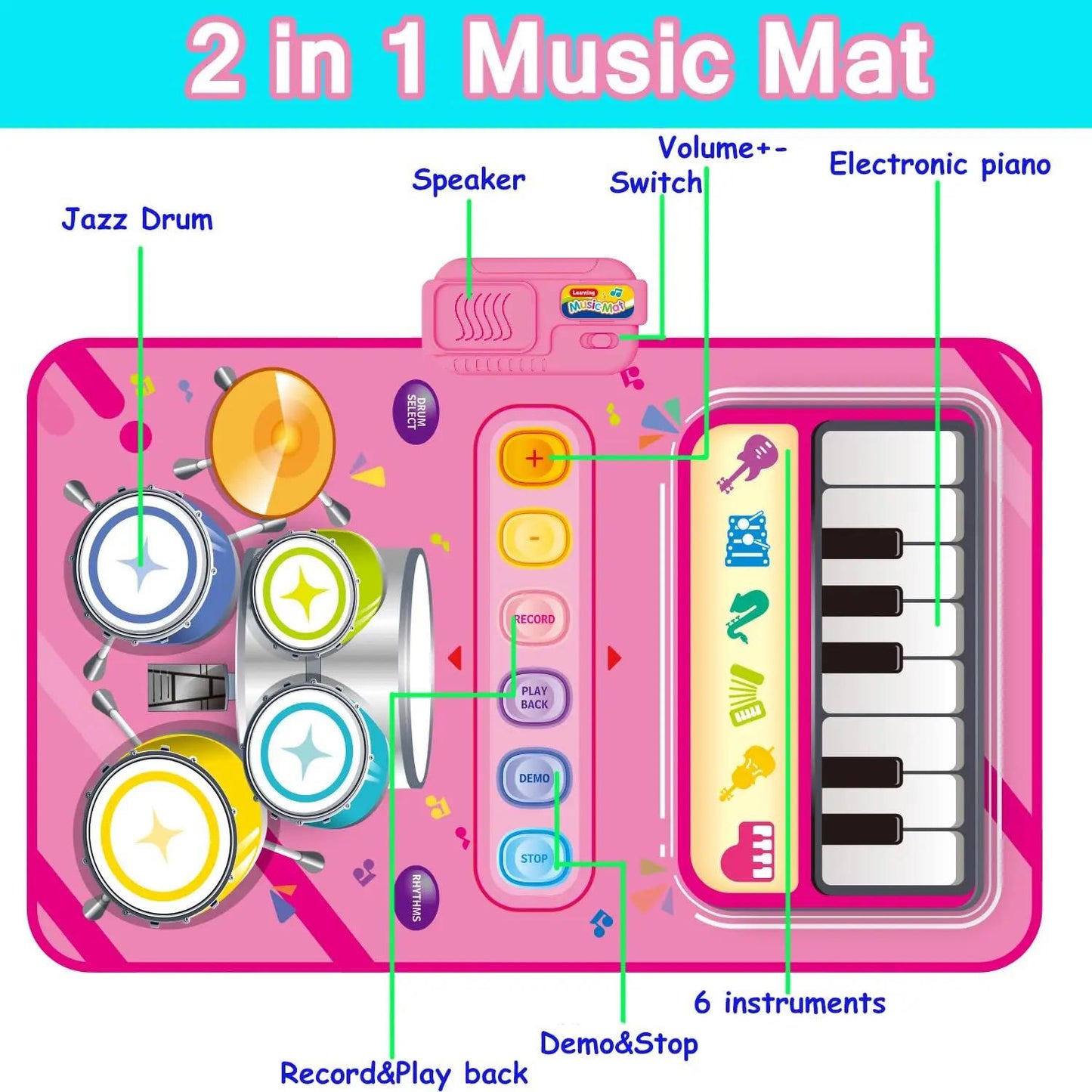 Children's Music Mat - Piano Jazz Drum 2-in-1 Play Set - 2 Colours