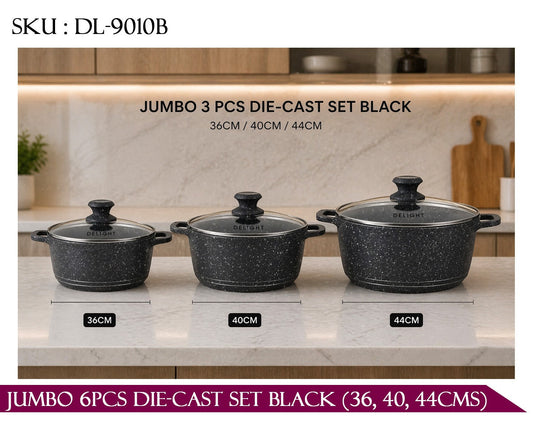 Jumbo 3 – Piece Die – Cast Cookware Set With Glass Lids, Black Speckled