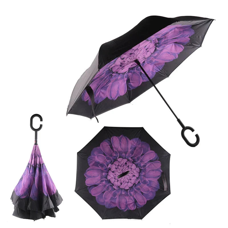 Reverse Inverted Double Layer Umbrella C Handle 80Cm Assorted Designs