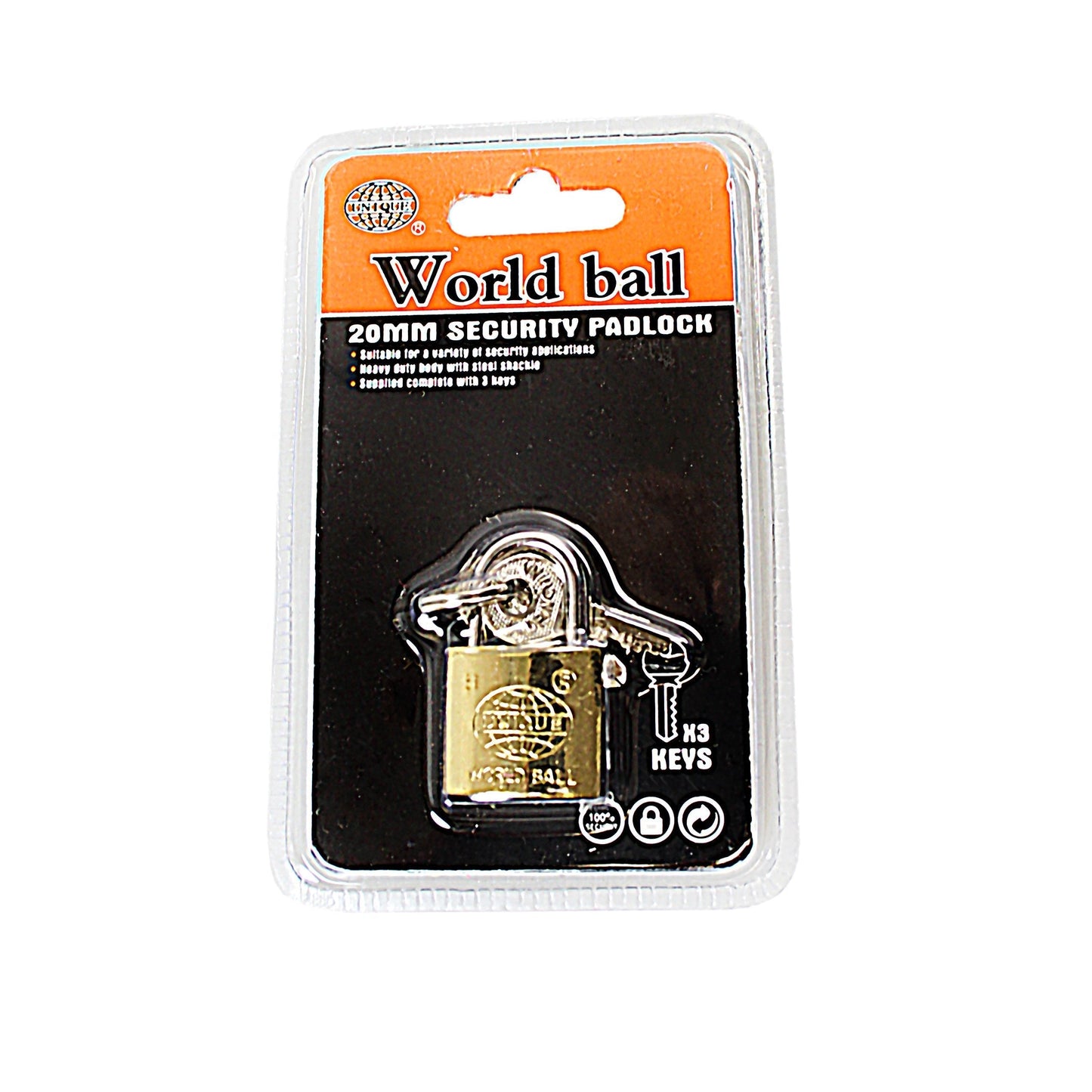 New Security World Ball Unique Padlock 20mm With 3 Keys 0242 A