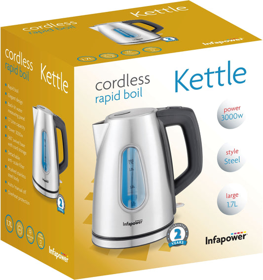 Infapower Cordless Rapid Boil Steel Kettle 3000W 1.7L X504