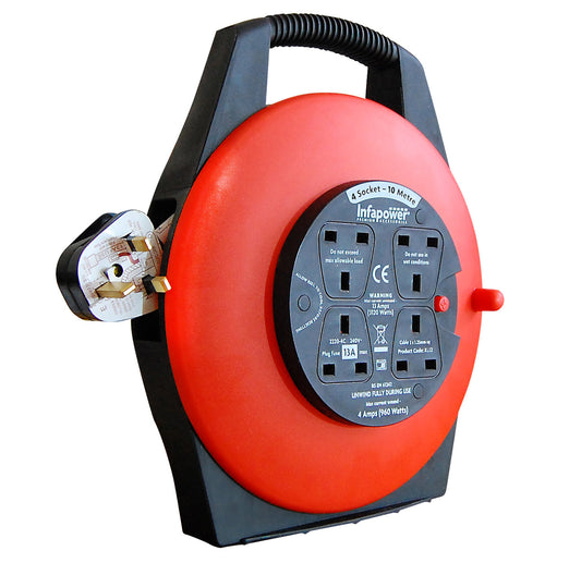 Infapower Cable Extension Lead 4 Socket 13 Amp 10 Metre Semi Enclosed Drum X812