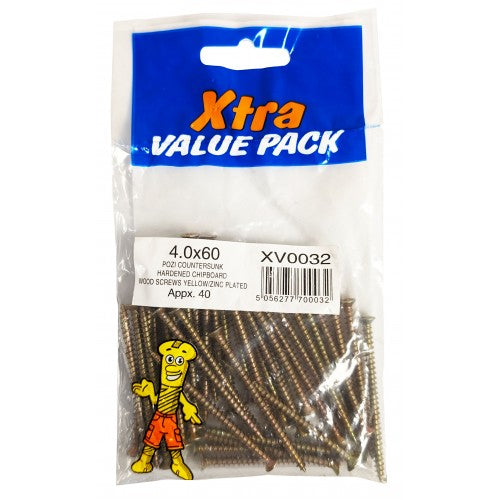 4.0 x 60 Pozi c/sk Chipboard Screws Yellow Diy Xtra Value 0032