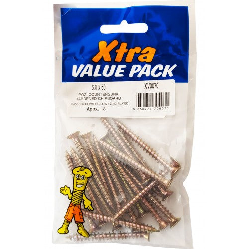 6.0 x 60 Pozi c/sk Chipboard Screws Xtra Value Diy 0087
