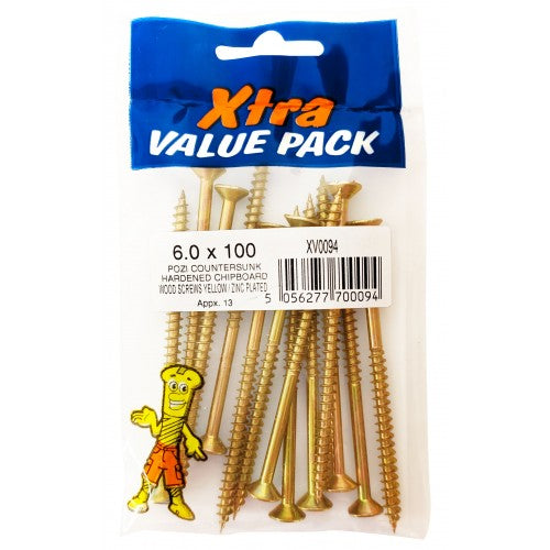 6.0 x 100 Pozi c/sk Chipboard Screws Xtra Value Diy 0094