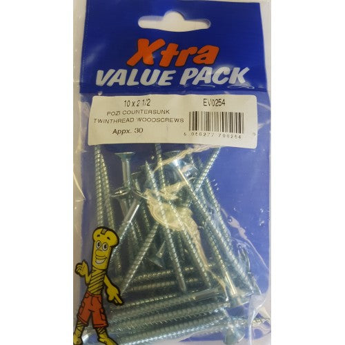 10 x 2 1/2 Pozi c/sk Twinthreads Woodscrews Xtra Value 0254