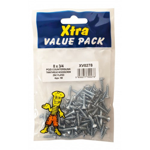 8 x 3/4 Pozi c/sk Twinthreads Woodscrews Xtra Value 0278