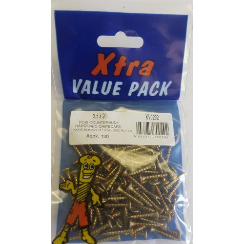 3.5 x 20 Pozi c/sk Chipboard Screws Yellow Diy Xtra Value 0292