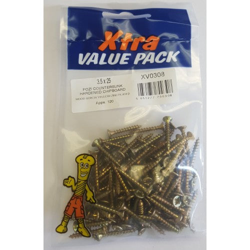 3.5 x 25 Pozi c/sk Chipboard Screws Yellow Diy Xtra Value 0308