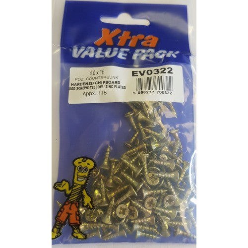 4.0 x 16 Pozi c/sk Chipboard Screws Yellow Diy Xtra Value 0322