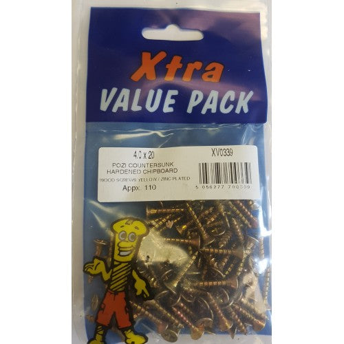 4.0 x 20 Pozi c/sk Chipboard Screws Yellow Diy Xtra Value 0339