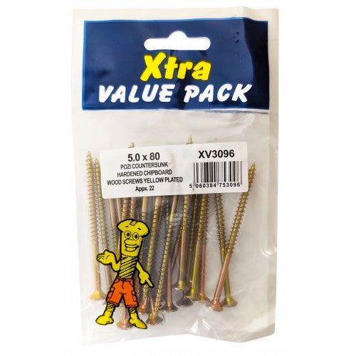 5.0 x 80 Pozi c/sk Chipboard Screws Xtra Value Diy 3096