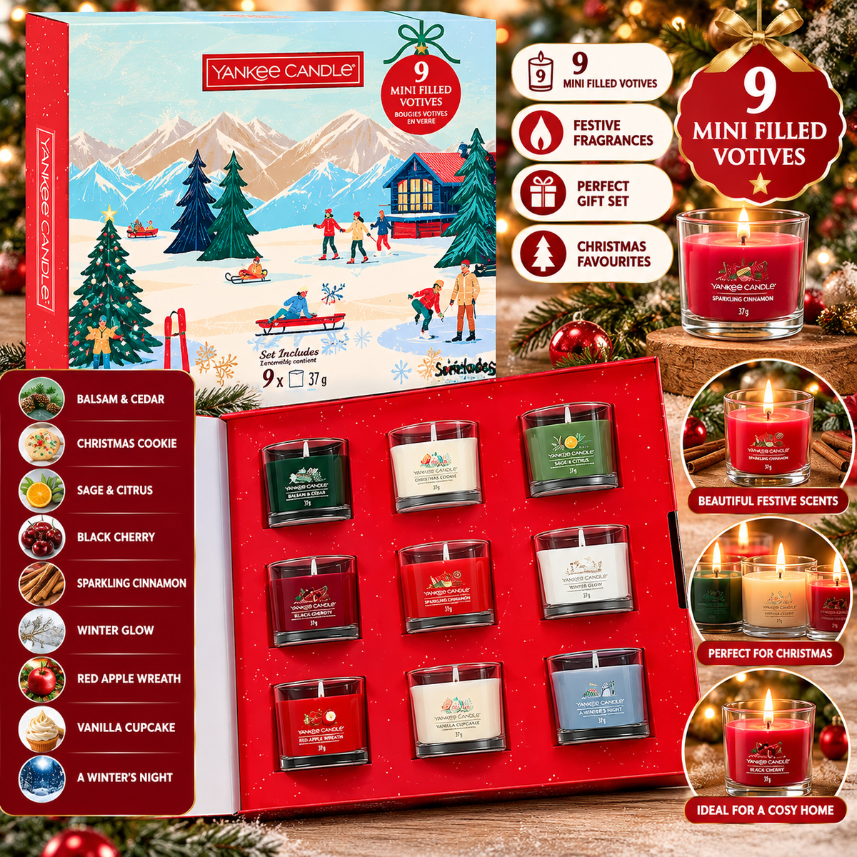 Yankee Candle Christmas Gift Set - 9 Mini Filled Votive Candles - Festive Fragrance Collection
