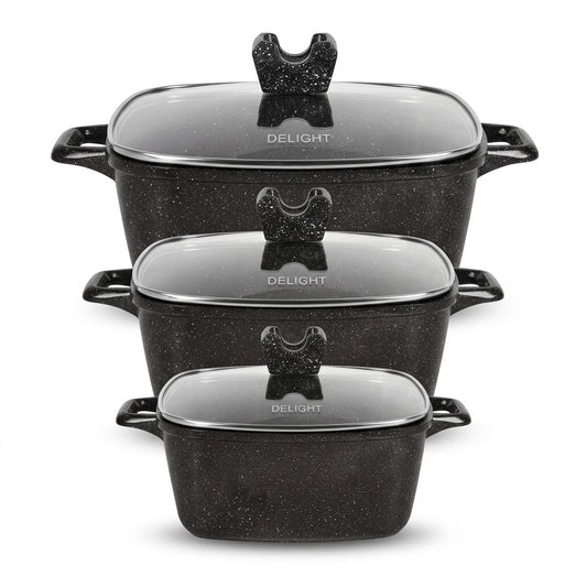 Die Cast Casserole Black 3 – Piece Set –, With Glass Lids